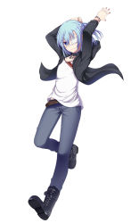 Rule 34 | 1boy, belt, blue eyes, blue hair, blush, collarbone, denim, eyepatch, full body, hasu (velicia), jeans, looking at viewer, male focus, original, pants, short hair, simple background, smile, solo, white background