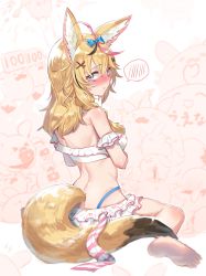 Rule 34 | 1girl, :t, absurdres, ahoge, animal ears, back, bare legs, barefoot, bikini, black hair, blonde hair, blue bow, blush, bow, braid, breasts, camera, closed mouth, commentary, diamond hair ornament, embarrassed, facepaint, fox ears, fox girl, fox tail, frilled bikini, frills, from behind, full body, hair bow, hair ornament, hairclip, heart, heart hair ornament, highres, hololive, long hair, looking at viewer, makeup, mascara, medium breasts, multicolored hair, official alternate costume, omaru polka, pink hair, pout, purple eyes, scorecard, side braid, simple background, sitting, soles, solo, spoken blush, streaked hair, sui hi sf, swimsuit, tail, virtual youtuber, white background, white bikini, zain (omaru polka)
