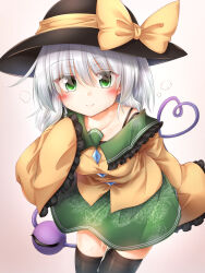 Rule 34 | 1girl, aftersex, black hat, black thighhighs, blouse, blush, bow, breasts, closed mouth, collarbone, cowboy shot, cum, cum in pussy, cumdrip, eyeball, floral print, frilled shirt collar, frilled sleeves, frills, green eyes, green skirt, grey hair, hat, hat bow, hat ribbon, heart, heart of string, highres, komeiji koishi, leaning forward, long sleeves, looking at viewer, marukyuu ameya, medium breasts, medium hair, print skirt, ribbon, rose print, shirt, simple background, skirt, sleeves past fingers, sleeves past wrists, smile, solo, thighhighs, third eye, touhou, wide sleeves, yellow bow, yellow ribbon, yellow shirt