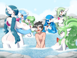 Rule 34 | 1boy, 6+girls, alternate color, blue hair, breasts, censored, choker, convenient censoring, covering privates, covering breasts, creatures (company), dr. voir (nanosheep), game freak, gardevoir, gen 3 pokemon, green hair, hair ornament, height difference, highres, large breasts, lucy (jcdr), lucyfer, multiple girls, nanosheep (character), neck bell, nintendo, nipples, onsen, pokemon, pokemon (creature), red-framed eyewear, red eyes, semi-rimless eyewear, size difference, standing, steam, steam censor