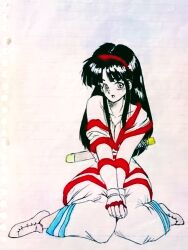 Rule 34 | 1girl, ainu clothes, black eyes, black hair, breasts, cleavage, fingerless gloves, gloves, hair ribbon, highres, legs, long hair, looking at viewer, medium breasts, nakoruru, open mouth, pants, ribbon, samurai spirits, smile, snk, the king of fighters, thighs, traditional media