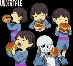 Rule 34 | 1boy, 1other, :i, androgynous, black background, blue jacket, brown hair, burger, cel shading, chewing, child, copyright name, cropped torso, drawstring, eating, facing viewer, food, food on face, frisk (undertale), from side, highres, holding, holding burger, holding food, hood, hood down, hooded jacket, jacket, kamezaemon, ketchup, long sleeves, multiple views, no nose, one eye closed, open clothes, open jacket, open mouth, other focus, profile, romper, sans (undertale), shirt, short hair, simple background, skeleton, standing, undertale, upper body, white shirt, zipper