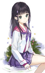 Rule 34 | 1girl, arms at sides, black hair, bush, closed mouth, from side, green eyes, long hair, looking at viewer, macciatto (aciel02), neckerchief, original, pleated skirt, purple skirt, school uniform, serafuku, sidelocks, simple background, sitting, skirt, smile, solo, white background