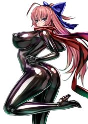 Rule 34 | 1girl, ahoge, arched back, ass, blue eyes, blush, bodysuit, bow, breasts, commentary request, covered erect nipples, covered mouth, from behind, hair bow, high heels, large breasts, latex, latex suit, long hair, looking at viewer, looking back, mutsuki himemaru, original, rindou (radical dream), scarf, shiny clothes, simple background, skin tight, solo, standing, standing on one leg, thighs, white background