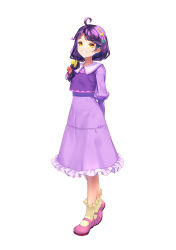Rule 34 | 1girl, absurdres, ahoge, arms behind back, bow, dress, frilled dress, frilled socks, frills, grin, hair bow, hair ornament, hairclip, highres, long dress, long hair, looking at viewer, pink footwear, precure, purple dress, purple hair, red bow, sailor collar, sailor dress, simple background, smile, socks, solo, standing, suzumura sango, tropical-rouge! precure, white background, white sailor collar, yellow bow, yellow eyes, yellow socks, yoko-ya manjirou