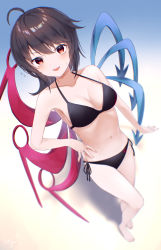 Rule 34 | 1girl, :d, adapted costume, asymmetrical wings, beach, bikini, black bikini, blush, breasts, cleavage, day, from above, full body, hair between eyes, halterneck, hand on own hip, highres, houjuu nue, kisamu (ksmz), looking at viewer, medium breasts, medium hair, navel, open mouth, outdoors, outstretched hand, red eyes, side-tie bikini bottom, smile, solo, swimsuit, touhou, wings