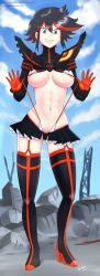 Rule 34 | 1girl, abs, absurdres, blue eyes, breasts, cameltoe, cleft of venus, elbow gloves, gloves, high heels, highres, kill la kill, large breasts, matoi ryuuko, multicolored hair, nocunoct, rubble, senketsu, short hair, skirt, sky, smile, strap pull, two-tone hair