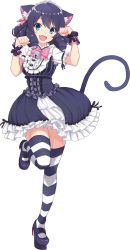 Rule 34 | 1girl, animal ears, artist request, black hair, blue eyes, blush, bow, bowtie, breasts, cat ears, cat tail, cyan (show by rock!!), dress, fang, frilled dress, frills, full body, hair ornament, hair ribbon, highres, maid headdress, official art, open mouth, paw pose, pink bow, pink bowtie, ribbon, short hair, show by rock!!, simple background, small breasts, smile, solo, standing, striped clothes, striped thighhighs, tail, thighhighs, transparent background