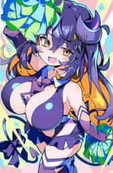 Rule 34 | 1girl, ahoge, arm up, between breasts, blush stickers, bombergirl, bow, breasts, cheerleader, colored inner hair, crossed bangs, demon horns, demon tail, detached collar, elbow gloves, fang, gloom (expression), gloves, hair between eyes, highres, horns, large breasts, long hair, looking at viewer, miniskirt, multicolored hair, necktie, necktie between breasts, omochishiki, orange hair, pom pom (cheerleading), prune (bombergirl), purple bow, purple gloves, purple hair, purple necktie, purple shirt, shirt, skin fang, skirt, solo, sweat, tail, tail bow, tail ornament, yellow eyes