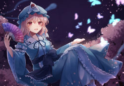Rule 34 | 1girl, :d, blue butterfly, breasts, bug, butterfly, cherry blossoms, folding fan, frills, hand fan, hat, highres, hitodama, insect, japanese clothes, koto (shiberia39), long sleeves, looking at viewer, mob cap, night, open mouth, petals, pink eyes, pink hair, saigyouji yuyuko, sash, short hair, smile, solo, touhou, triangular headpiece, wide sleeves