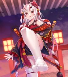 Rule 34 | 1girl, asisuki, bare shoulders, bell, collarbone, commentary request, double bun, gradient hair, hair bun, hololive, horns, japanese clothes, jingle bell, katana, kimono, kouhaku nawa, licking lips, long hair, looking at viewer, mask, multicolored hair, nakiri ayame, nakiri ayame (1st costume), off shoulder, oni mask, partially translated, red eyes, red hair, rope, sheath, sheathed, shimenawa, skin-covered horns, solo, sword, tabi, thighhighs, tongue, tongue out, translation request, virtual youtuber, weapon, white hair, white thighhighs