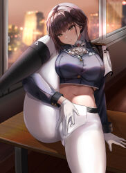 Rule 34 | 1girl, absurdres, ascot, black footwear, black hair, black jacket, blush, boots, breasts, brown eyes, cityscape, closed mouth, commentary, crop top, cropped jacket, desk, epaulettes, gloves, goddess of victory: nikke, half updo, hand on own crotch, highres, indoors, jacket, kaminoringo, knee boots, large breasts, leg up, long hair, long sleeves, looking at viewer, marciana (nikke), midriff, military jacket, military uniform, navel, night, on desk, pants, pants tucked in, school desk, shadow, sidelocks, sitting, on desk, solo, tight clothes, tight pants, uniform, white ascot, white gloves, white pants, window