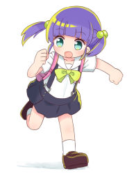Rule 34 | 1girl, :d, backpack, bag, black skirt, blush, bow, brown footwear, clenched hands, dohna dohna issho ni warui koto o shiyou, full body, green bow, green eyes, hair bobbles, hair ornament, highres, loafers, mob (dohna dohna), naga u, open mouth, pleated skirt, purple hair, running, school uniform, shirt, shoes, short sleeves, simple background, skirt, smile, socks, solo, suspender skirt, suspenders, twintails, white background, white shirt, white socks