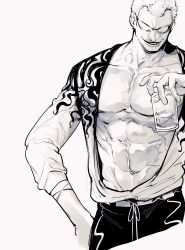 Rule 34 | 1boy, abs, absurdres, blonde hair, cowboy shot, cup, donquixote doflamingo, drinking glass, earrings, grin, hand on own hip, highres, holding, holding cup, jewelry, male focus, mature male, monochrome, muscular, muscular male, nowosuke, one piece, open clothes, patterned clothing, pectorals, short hair, simple background, smile, sunglasses, white background