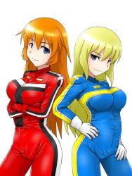 Rule 34 | 2girls, alternate costume, blue jumpsuit, breasts, charlotte e. yeager, cosplay, crossed arms, gloves, hands on own hips, isosceles triangle (xyzxyzxyz), jumpsuit, large breasts, marian e. carl, multiple girls, racing suit, red jumpsuit, strike witches, world witches series