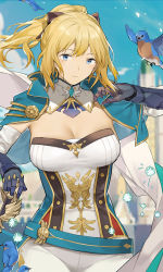 Rule 34 | 1girl, bad id, bad pixiv id, bird, black bow, blonde hair, blue capelet, blue eyes, blue sky, bow, breasts, capelet, cleavage, cross, cross earrings, dandelion, detached collar, earrings, flower, gauntlets, genshin impact, gloves, hair bow, highres, jean (genshin impact), jewelry, large breasts, long hair, looking at viewer, multicolored capelet, neee-t, pants, ponytail, sky, solo, tight clothes, tight pants, white pants