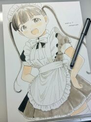 1girl absurdres apron art_tools_in_frame artist_name blunt_bangs blush bow bowtie brown_eyes brown_hair cowboy_shot dated dutch_angle hands_on_own_hips highres ink_(medium) looking_at_viewer maid maid_apron maid_headdress nagomurasan open_mouth original pastel_(medium) puffy_short_sleeves puffy_sleeves short_sleeves signature simple_background smile solo standing teeth thighhighs traditional_media twintails upper_teeth_only white_apron white_background white_bow white_bowtie white_thighhighs