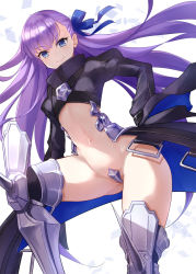 Rule 34 | &gt;:), 10s, 1girl, armor, armored boots, asle, black coat, blue eyes, blue ribbon, blush, boots, closed mouth, coat, crotch plate, fate/extra, fate/extra ccc, fate (series), floating hair, hair ribbon, juliet sleeves, long hair, long sleeves, meltryllis (fate), navel, puffy sleeves, purple hair, ribbon, smile, solo, thighhighs, thighs, v-shaped eyebrows