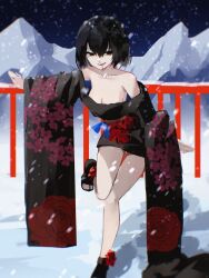 Rule 34 | 1girl, alternate breast size, alternate costume, arm at side, bent over, black eyes, black footwear, black hair, black kimono, black sash, blood, blood on face, bob cut, breasts, cleavage, collarbone, danraz0r, dress, empty eyes, eyelashes, floral print, foot up, furisode, hair between eyes, highres, japanese clothes, kimono, leaning forward, long sleeves, looking afar, looking to the side, medium breasts, monogatari (series), narrowed eyes, nosebleed, obi, off-shoulder dress, off shoulder, oshino ougi, outstretched arm, pale skin, parted lips, railing, sandals, sash, short hair, short kimono, smile, snow, snowing, solo, standing, standing on one leg, tsukimonogatari, wallpaper, wide sleeves, winter