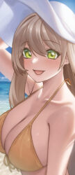 Rule 34 | 1girl, :d, acaa, arm up, bare shoulders, beach, bikini, blue archive, blue sky, blush, breasts, collarbone, green eyes, halo, halterneck, hat, large breasts, light brown hair, long hair, looking at viewer, nonomi (blue archive), nonomi (swimsuit) (blue archive), official alternate costume, open mouth, outdoors, sky, smile, solo, sun hat, swimsuit, upper body, water, white hat, yellow bikini