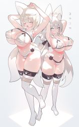 Rule 34 | 3girls, animal ears, arms behind head, arms up, bikini, blue eyes, breasts, fox ears, fox girl, fox tail, full body, grey background, grey hair, hair between eyes, highres, large breasts, long hair, looking at viewer, low twintails, mamuru, medium hair, multiple girls, navel, one eye closed, open mouth, original, paw print, smile, standing, string bikini, striped bikini, striped clothes, swimsuit, tail, tank top, thighhighs, thighs, twintails, very long hair, white thighhighs