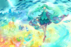Rule 34 | 1girl, bare shoulders, bubble, detached sleeves, closed eyes, fins, fish, frills, gathers, grayfair, green hair, hatsune miku, highres, jellyfish, light particles, long hair, music, necktie, scales, singing, skirt, sleeveless, solo, thighhighs, twintails, underwater, very long hair, vocaloid, wide sleeves