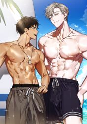Rule 34 | 1blgs, 2boys, abs, absurdres, armpits, bara, beach, black hair, black male swimwear, dark-skinned male, dark skin, dog tags, eye contact, feet out of frame, grey hair, grey male swimwear, height difference, highres, ilay riegrow, jeong taeui, large pectorals, looking at another, male focus, male swimwear, multiple boys, muscular, muscular male, navel, nipples, passion (manhwa), pectorals, shiny skin, short hair, smile, sparkling aura, standing, stomach, swim trunks, swimsuit, swimsuit under swimsuit, tan, thick eyebrows, topless male, v-taper, water, yaoi