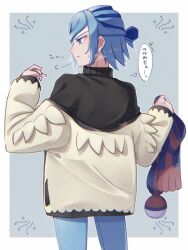 Rule 34 | 1boy, black sweater, blue eyes, blue hair, closed mouth, commentary request, creatures (company), game freak, grey background, grusha (pokemon), highres, holding, holding clothes, holding scarf, jacket, long sleeves, male focus, mocacoffee 1001, nintendo, off shoulder, pants, pokemon, pokemon sv, scarf, short hair, solo, sweatdrop, sweater, thought bubble, translation request, white background, yellow jacket