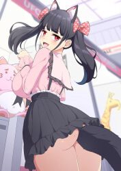 Rule 34 | 1girl, :d, anal tail, animal ear fluff, animal ears, black hair, black skirt, blunt bangs, blurry, blurry background, blush, bow, breasts, butt plug, cat ears, crane game, fake tail, fang, hair bow, highres, large breasts, long hair, long sleeves, looking at viewer, mole, mole on ass, mole under eye, open mouth, original, paw pose, pink shirt, pleated skirt, polka dot, polka dot bow, red eyes, sakamata (sakamata4), shirt, skirt, smile, solo, standing, tail, thighs, twintails