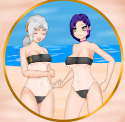 Rule 34 | 2girls, absurdres, android, artist request, bikini, black bikini, black one-piece swimsuit, blue hair, brown eyes, character request, clothes pull, gris swimsuit, highres, legs together, meme attire, multiple girls, narrow waist, one-piece swimsuit, one-piece swimsuit pull, original, see-through, source request, swept bangs, swimsuit, thighs, white hair
