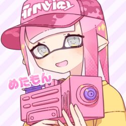 Rule 34 | 1girl, commentary request, grey eyes, gun, hat, holding, holding gun, holding weapon, inkling, inkling girl, inkling player character, inuowour, long hair, looking at viewer, lowres, nintendo, open mouth, pink hair, pink hat, pointy ears, shirt, solo, splatoon (series), splatoon 3, splattershot jr (splatoon), translation request, weapon, yellow shirt