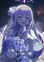 Rule 34 | 1girl, blue archive, dress, flower, highres, long hair, looking at viewer, mika (blue archive), niac, open mouth, pink hair, sky, smile, solo, star (sky), starry sky, yellow eyes