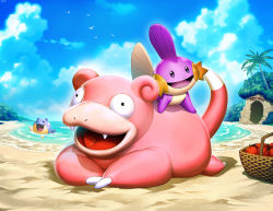 Rule 34 | alternate color, apple, beach, cloud, commission, creatures (company), day, fangs, food, fruit, game freak, gen 1 pokemon, gen 3 pokemon, genzoman, looking at viewer, mudkip, nintendo, no humans, ocean, open mouth, outdoors, palm tree, partially submerged, picnic basket, pokemon, pokemon (creature), sand, shiny pokemon, sky, slowpoke, spheal, tail, tree, water