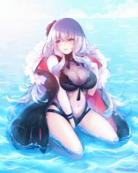 Rule 34 | 1girl, azur lane, black flower, black one-piece swimsuit, black rose, breasts, cleavage, clothing cutout, coat, crossed bangs, female focus, flower, full body, fur-trimmed coat, fur trim, graf zeppelin (azur lane), graf zeppelin (beachside urd) (azur lane), hair flower, hair ornament, highres, impossible clothes, impossible swimsuit, jacket, jacket on shoulders, large breasts, long hair, navel cutout, one-piece swimsuit, red eyes, rose, solo, swimsuit, taut clothes, taut swimsuit, tofu fufu, wading, water, white hair, wrist straps