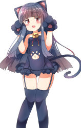Rule 34 | 1girl, :d, absurdres, animal ears, animal hands, bare shoulders, bell, black gloves, black hair, black one-piece swimsuit, black thighhighs, blush, cat ears, cat girl, cat tail, clothing cutout, collarbone, commentary request, fang, garter straps, gloves, gluteal fold, hands up, highres, idolmaster, idolmaster cinderella girls, idolmaster cinderella girls starlight stage, jingle bell, kemonomimi mode, long hair, looking at viewer, navel, navel cutout, neck bell, old school swimsuit, one-piece swimsuit, open mouth, paw gloves, red eyes, sajo yukimi, school swimsuit, simple background, smile, solo, standing, strapless, strapless one-piece swimsuit, swimsuit, tail, thighhighs, umberblack, very long hair, white background