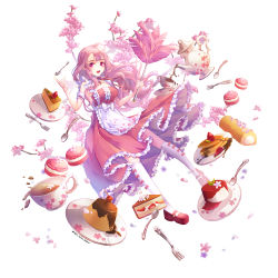 Rule 34 | 1girl, absurdres, blush, bow legwear, breasts, cake, cake slice, cherry blossoms, cleavage, cup, dessert, duster, feather duster, food, fork, highres, index finger raised, jii dayday, kneehighs, large breasts, long hair, looking at viewer, maid, open mouth, original, pancake, plate, red footwear, smile, socks, solo, spoon, tea, teacup, teapot, white socks