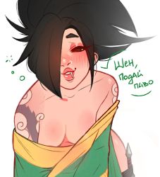 Rule 34 | 1girl, akali, bare shoulders, black eyes, black hair, blush, breasts, cleavage, collarbone, drunk, green kimono, hair over one eye, ilwha, japanese clothes, kimono, league of legends, long hair, medium breasts, ponytail, saliva, shiny skin, shoulder tattoo, solo, speech bubble, squeans, tattoo, translation request, weapon