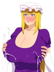 Rule 34 | 1girl, blonde hair, blush, grabbing another&#039;s breast, breasts, cleavage, collarbone, commentary request, covered erect nipples, daa (blame2212), drooling, grabbing, hat, highres, huge breasts, lactation, lactation through clothes, long hair, mob cap, open mouth, purple eyes, saliva, short sleeves, simple background, sweatdrop, teeth, touhou, upper body, very long hair, yakumo yukari