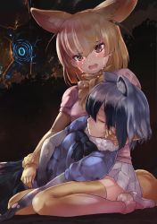 Rule 34 | 10s, 2girls, animal ears, black bow, black bowtie, black hair, black skirt, blonde hair, blue shirt, blush, bow, bowtie, closed eyes, commentary request, common raccoon (kemono friends), crying, crying with eyes open, d:, elbow gloves, fennec (kemono friends), fox ears, fur collar, fur trim, gloves, gradient hair, hand on another&#039;s head, highres, kemono friends, lying, miniskirt, monster, multicolored hair, multiple girls, on back, open mouth, parted lips, pink shirt, profile, raccoon ears, red eyes, shirt, shoes, short hair, silver hair, sitting, skirt, sparkle, tadano magu, tears, thighhighs, torn clothes, torn gloves, white footwear, white gloves, white skirt, yellow bow, yellow bowtie, yellow gloves, yellow legwear, zettai ryouiki