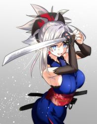 Rule 34 | 1girl, armpits, arms up, blue eyes, blue kimono, breasts, detached sleeves, fate/grand order, fate (series), glint, gradient background, hair ornament, holding, holding sword, holding weapon, japanese clothes, katana, kimono, large breasts, long hair, looking at viewer, miyamoto musashi (fate), miyamoto musashi (first ascension) (fate), obi, open mouth, ponytail, sash, shiitakepilze, side slit, silver hair, sleeveless, sleeveless kimono, smile, solo, sword, weapon