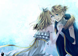 Rule 34 | 1boy, 1girl, aqua eyes, bad id, bad pixiv id, bare shoulders, blonde hair, brother and sister, dress, fingerless gloves, gloves, hair ornament, hair ribbon, hairclip, holding hands, hetero, interlocked fingers, kagamine len, kagamine rin, looking at another, open mouth, own hands together, ribbon, short hair, siblings, sleeveless, sleeveless dress, smile, suzunosuke (sagula), synchronicity (vocaloid), tears, twins, vocaloid