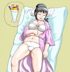 Rule 34 | 1girl, black hair, breasts, dreaming, food, fruit, highres, itou yukino, large breasts, plump, pudding, real drive, sleeping, strawberry
