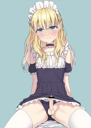 Rule 34 | 1boy, bar censor, bare shoulders, black choker, blonde hair, blue eyes, blush, censored, choker, closed mouth, clothing aside, crossdressing, erection, highres, hokuro ryuuseigun, looking at viewer, maid headdress, male focus, original, panties, panties aside, penis, simple background, sitting, small penis, small testicles, testicles, thighhighs, trap, underwear, white thighhighs