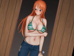 Rule 34 | 1girl, bare arms, bare shoulders, bikini, bikini top only, blush, bracelet, breasts, breasts apart, brown eyes, cleavage, closed mouth, cowboy shot, denim, embarrassed, groin, indoors, jeans, jewelry, large breasts, legs, legs apart, long hair, looking down, nami (one piece), navel, one piece, orange hair, pants, ponte, solo, standing, sweatdrop, swimsuit, thighs