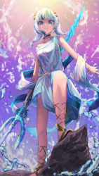 Rule 34 | 1girl, bare legs, blue eyes, blue hair, dress, fins, fish tail, from below, gawr gura, gawr gura (party dress), grey hair, highres, hololive, hololive english, long hair, low twintails, medium hair, multicolored hair, polearm, rock, shark tail, shawl, solo, sorainu1211eaka, streaked hair, tail, trident, twintails, virtual youtuber, water, weapon