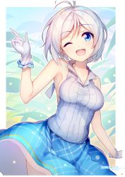 Rule 34 | .live, 1girl, ;d, absurdres, ahoge, antenna hair, artist name, backless outfit, blue skirt, dated, gloves, grey hair, hand up, head tilt, highres, index finger raised, looking at viewer, nijihashi sora, one eye closed, open mouth, short hair, simple background, dennou shoujo siro, skirt, smile, solo, striped, vertical stripes, virtual youtuber, white gloves