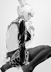 Rule 34 | 1girl, animal ears, backless outfit, black pantyhose, breasts, cat ears, cat tail, dutch angle, facial mark, final fantasy, final fantasy xiv, greyscale, highres, large breasts, liangjushuang, looking at viewer, miqo&#039;te, monochrome, pantyhose, ribbed sweater, short hair, sitting, solo, sweat, sweater, tail, wariza, whisker markings, white background, y&#039;shtola rhul