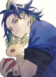 Rule 34 | 1boy, adaman (pokemon), blue coat, blue hair, brown eyes, closed mouth, coat, commentary request, creatures (company), earrings, eyebrow cut, game freak, gen 4 pokemon, green hair, holding, holding poke ball, jewelry, leafeon, looking down, male focus, multicolored hair, nintendo, poke ball, poke ball (legends), pokemon, pokemon (creature), pokemon legends: arceus, short sleeves, simple background, smile, white background, yokuni (yokunill001121)