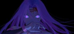Rule 34 | 1473ex, 1girl, black background, blood, blood on face, covering own mouth, facial mark, fate/stay night, fate (series), forehead, forehead mark, glowing, glowing eyes, highres, long hair, medusa (fate), medusa (rider) (fate), portrait, purple eyes, purple hair, simple background, solo