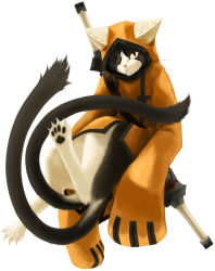 Rule 34 | animal hood, arc system works, blazblue, cat, cat hood, collair (cono), eyepatch, highres, hood, jubei (blazblue), male focus, multiple tails, no humans, over shoulder, sheath, sheathed, simple background, solo, sword, sword over shoulder, tail, weapon, weapon over shoulder, white background